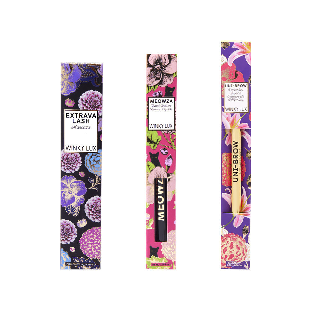 Line and Define Set -- extravalash mascara, meowza liquid eyeliner and precision eyebrow pencil in packaging on white background