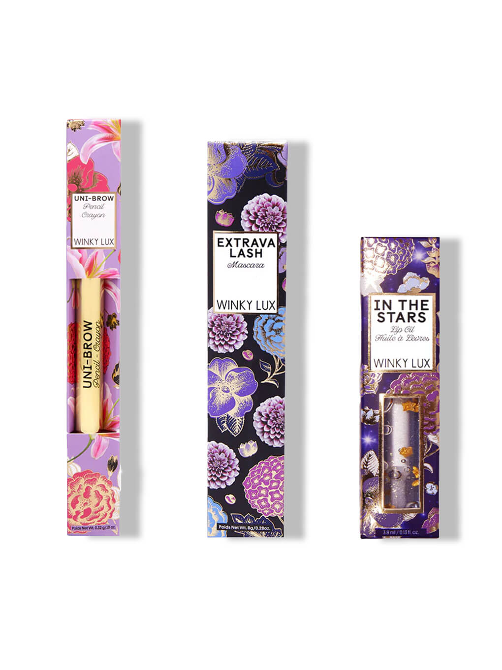 unibrow universal brow pencil, extravalash mascara and in the stars nourishing lip oil in boxes on white background