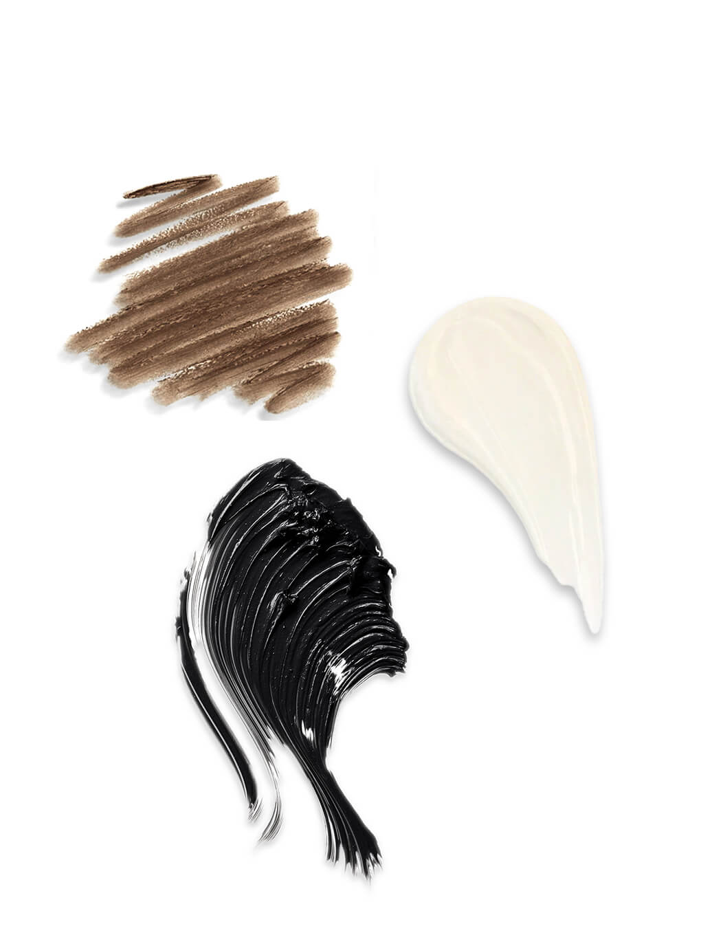 unibrow universal brow pencil, extravalash mascara and in the stars nourishing lip oil swatches on white background